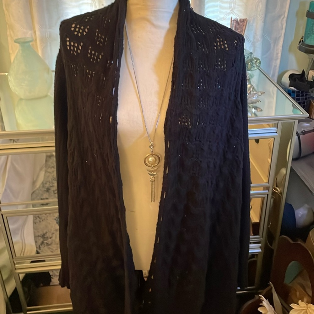 🍀 Vintage Lucky Brand cotton crochet cardigan w/shark bite hem & shawl collar